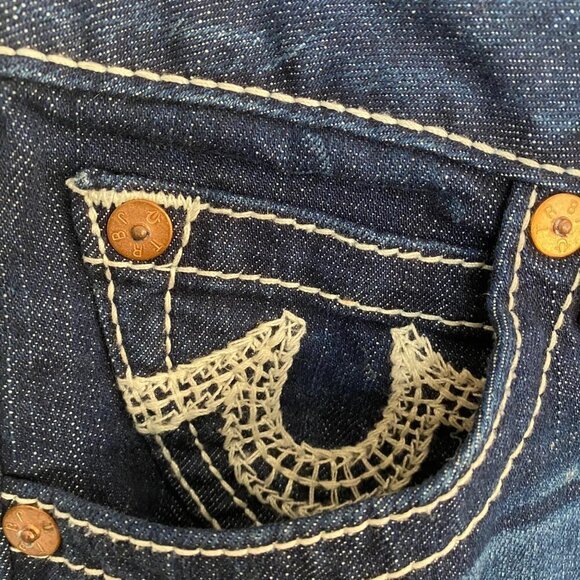 True Religion Becky Button Flap Logo Pockets Dark Whiskered Contrast Stitch Jean - Picture 6 of 9